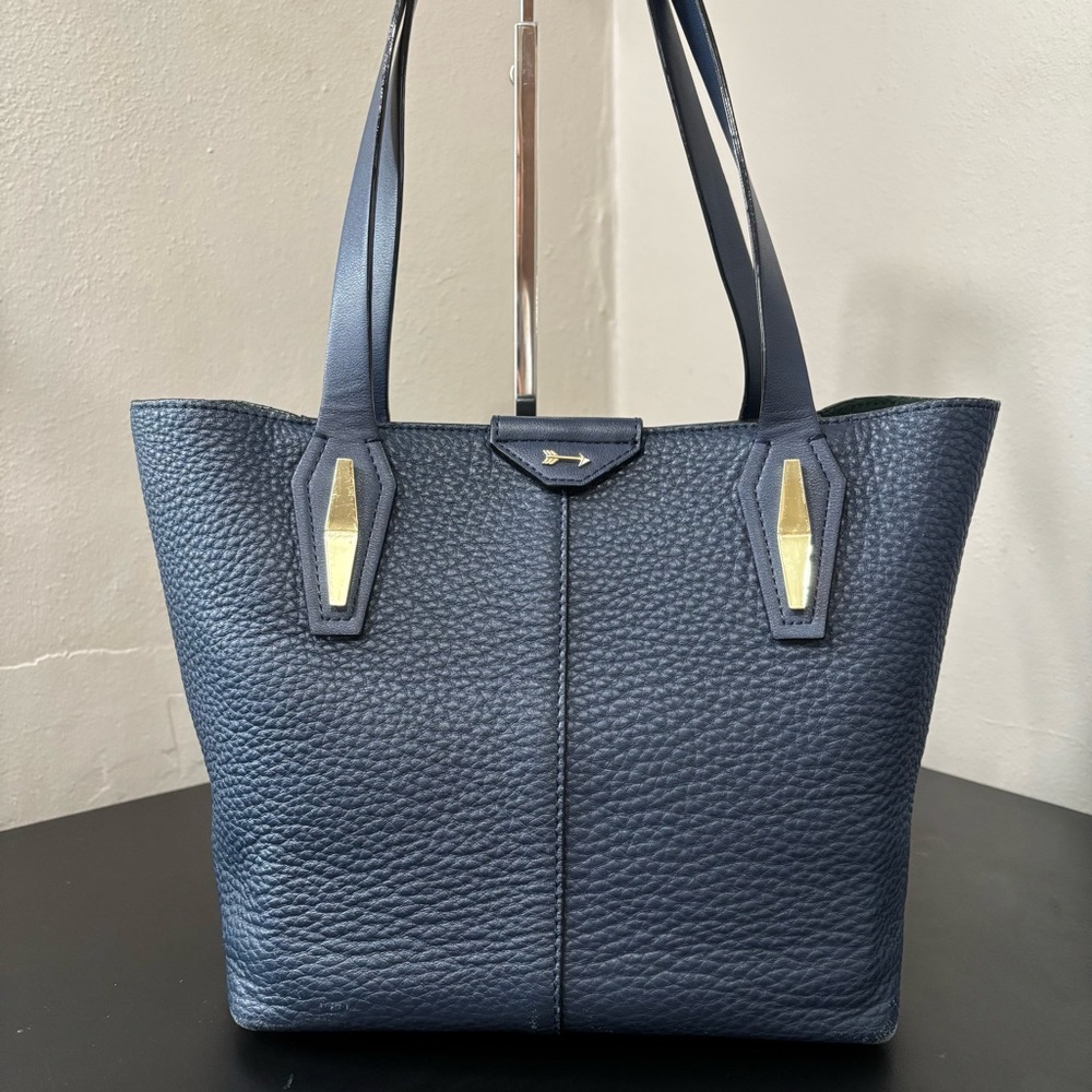 Gianni Bini Blue Pebbled Leather Shoulder Tote Purse Silver Hardware Navy